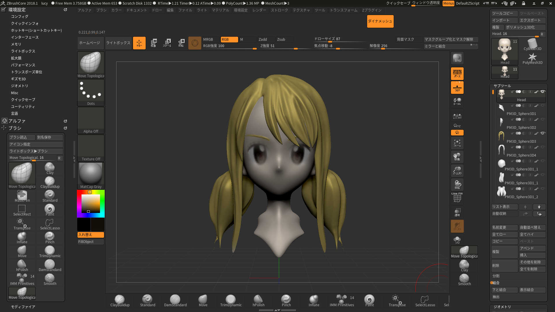 Zbrushで髪の毛のモデリング練習５