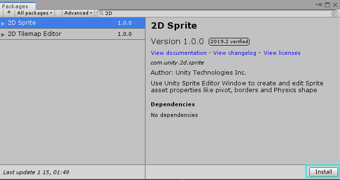 download 2d sprite package from package manager